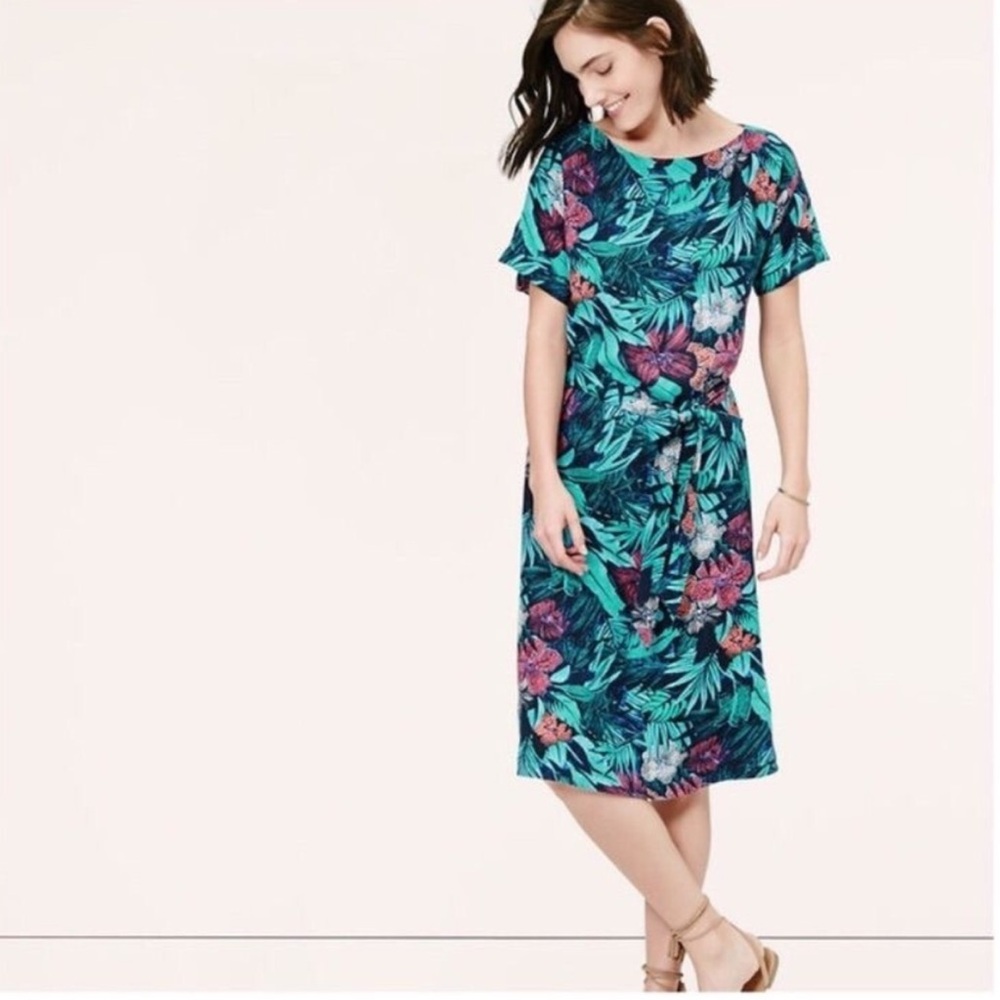 LOFT Women’s Tropical Linen Floral Shift Midi Dress Size Large